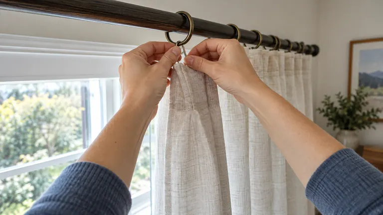 Exemplo visual da tarefa MIMIX: Pendurar cortinas