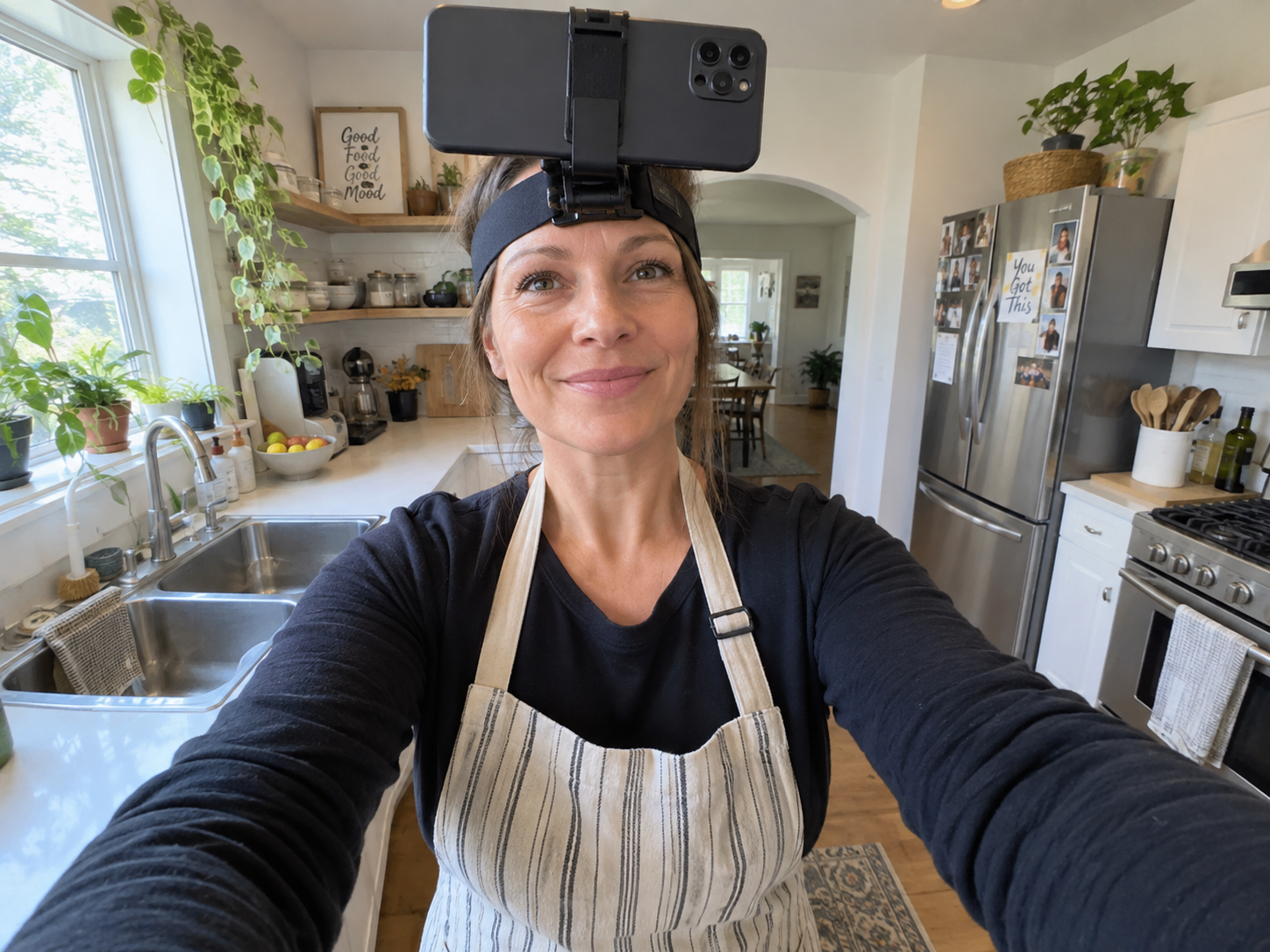 Mulher na cozinha usando suporte de cabeça com celular em uma selfie de grande angular